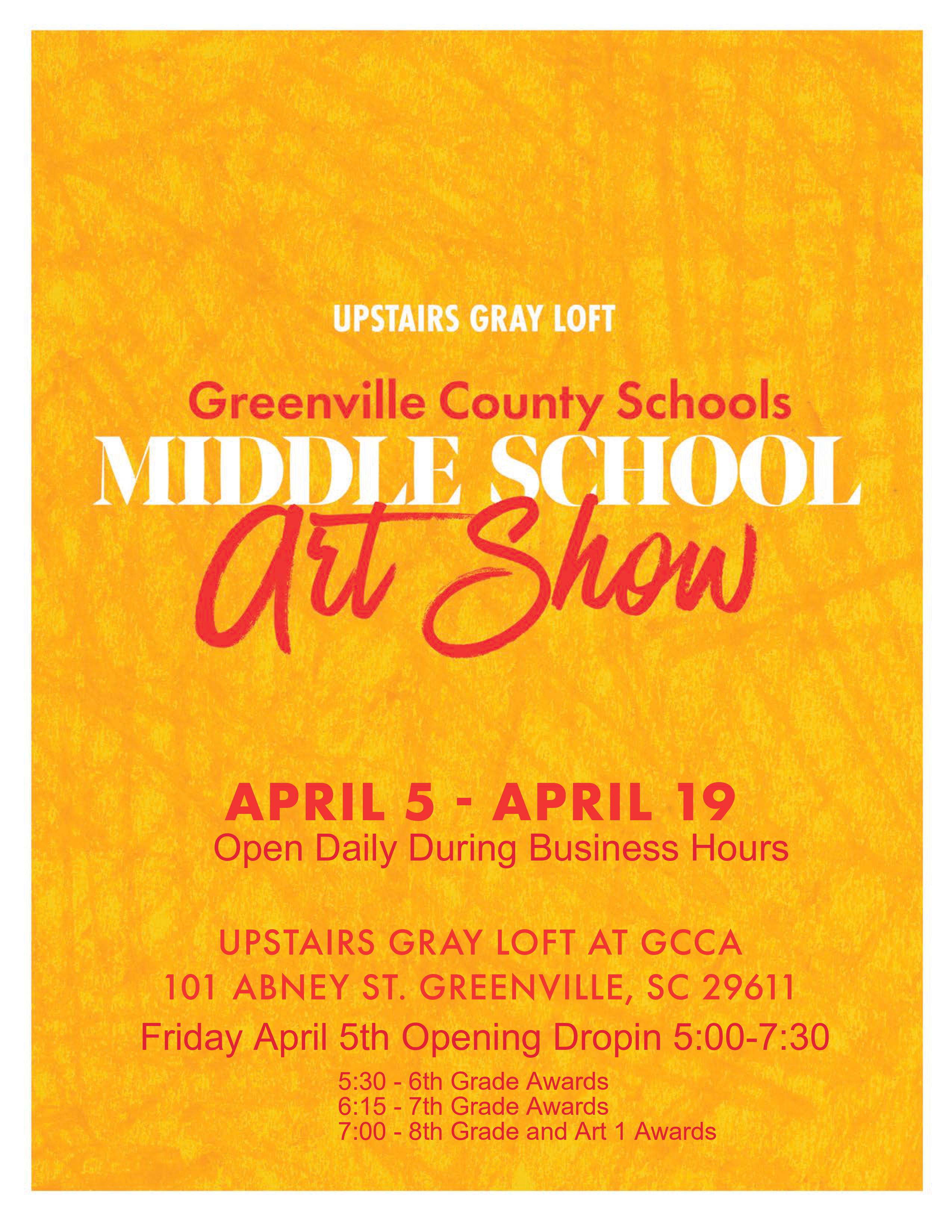 upstairs gray loft greenville county schools middle school art show april 5-19 open daily during business hours